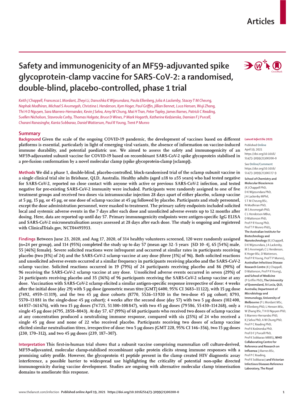 Safety and Immunogenicity of an MF59-Adjuvanted Spike Glycoprotein-Clamp Vaccine for SARS-Cov-2: a Randomised, Double-Blind, Placebo-Controlled, Phase 1 Trial