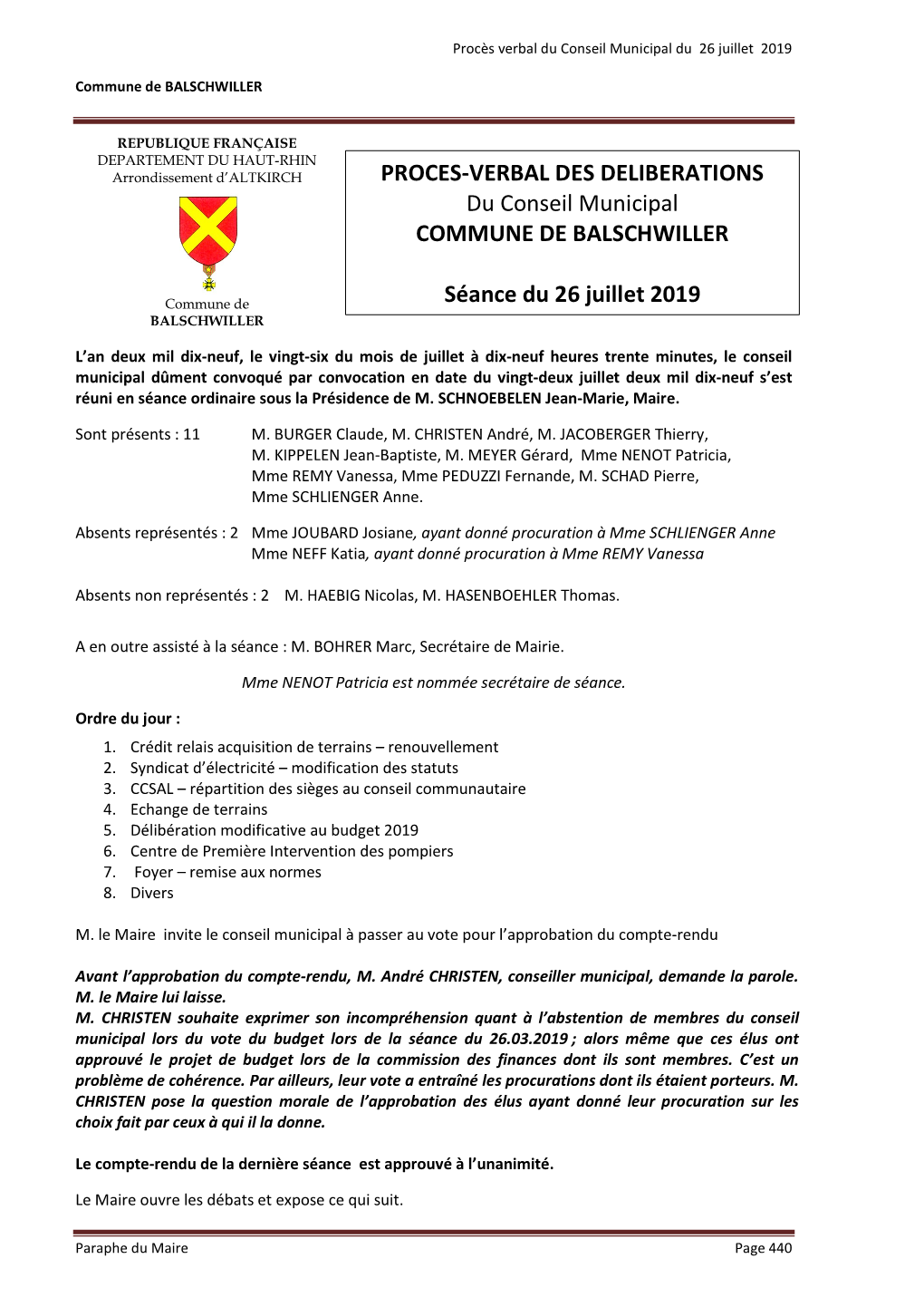 PROCES-VERBAL DES DELIBERATIONS Du Conseil Municipal COMMUNE DE BALSCHWILLER