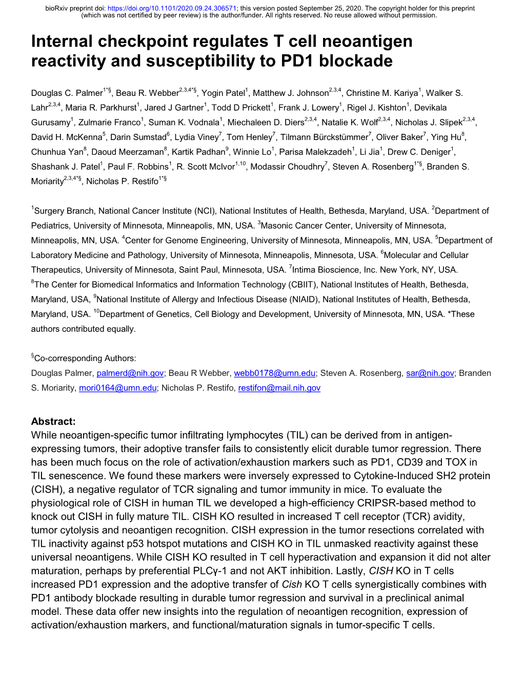 Internal Checkpoint Regulates T Cell Neoantigen Reactivity and Susceptibility to PD1 Blockade