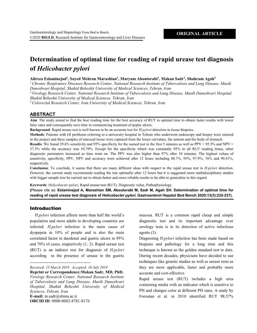 Determination of Optimal Time for Reading of Rapid Urease Test Diagnosis of Helicobacter Pylori