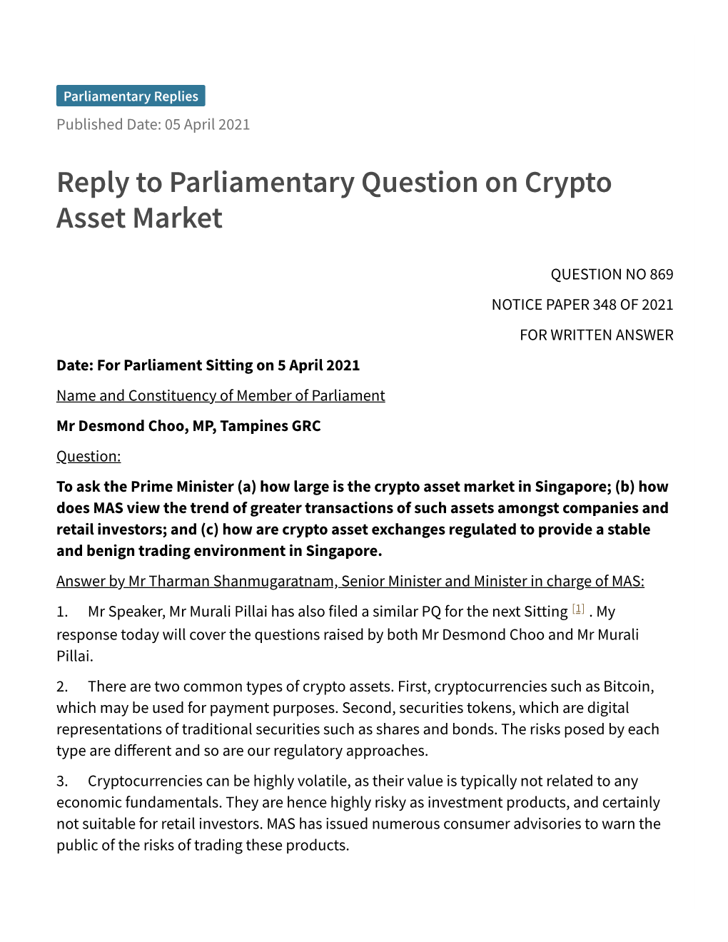 Reply to Parliamentary Question on Crypto Asset Market