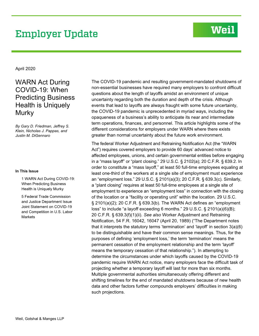 WARN Act During COVID-19: an “Employment Loss.” 29 U.S.C