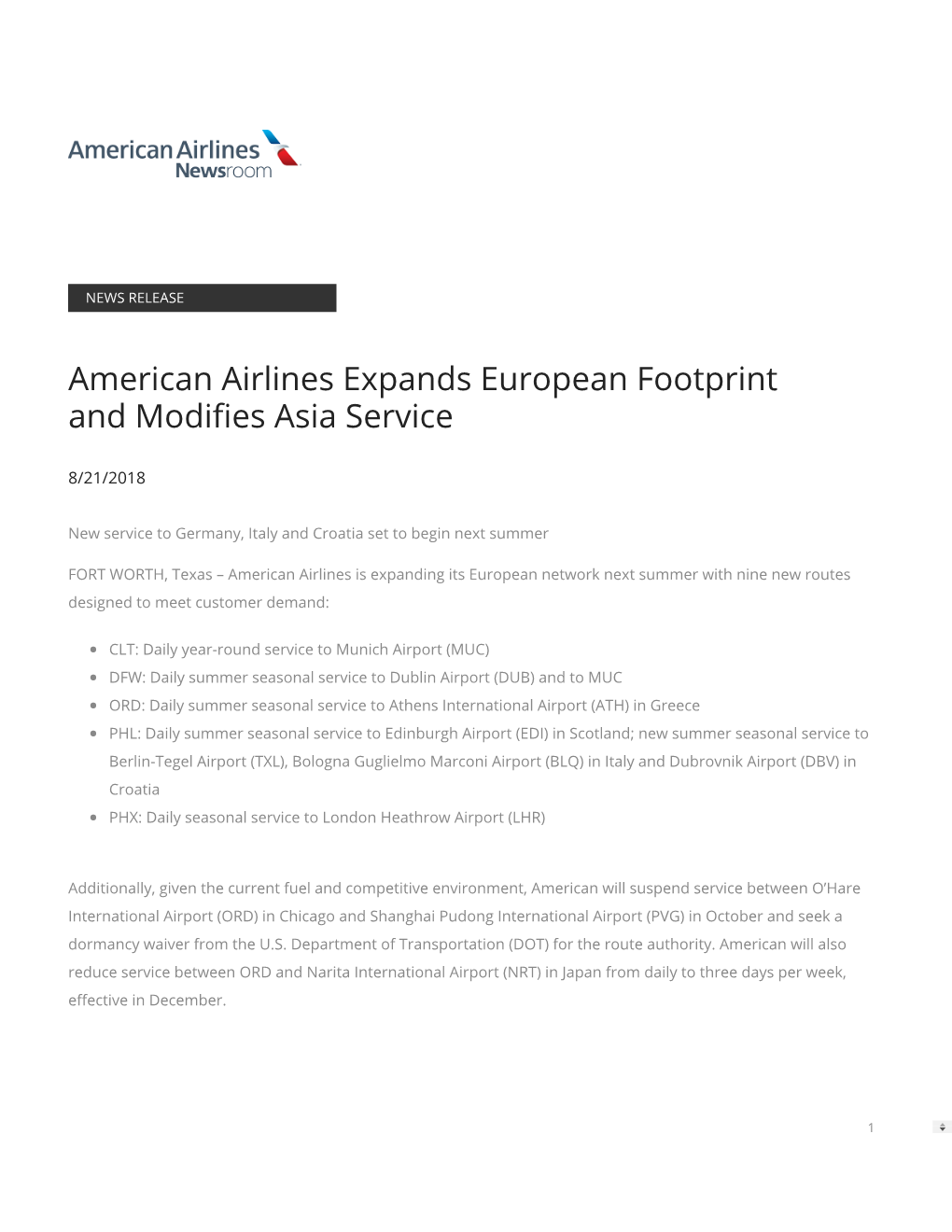 American Airlines Expands European Footprint and Modi Es Asia Service