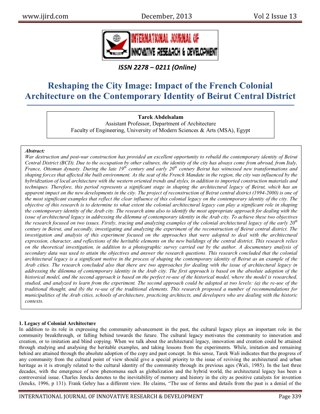 Reshaping the City Image: Impact of the French Colonial Architecture on the Contemporary Identity of Beirut Central District