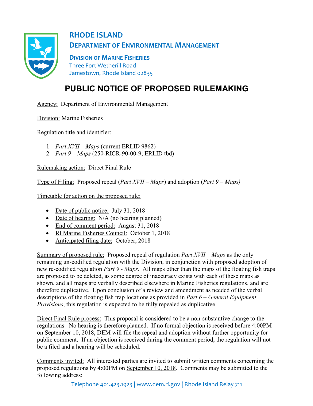 Rhode Island Public Notice of Proposed Rulemaking