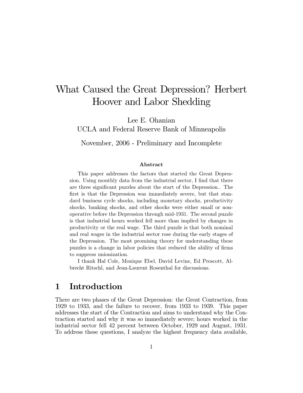 What Caused the Great Depression? Herbert Hoover and Labor Shedding