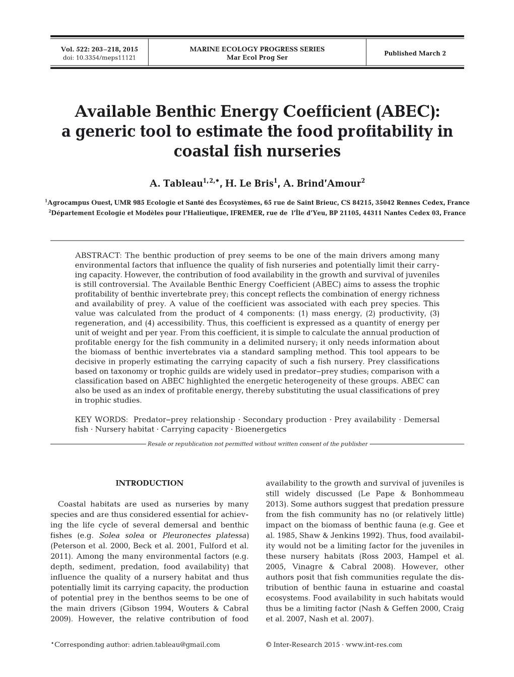 Available Benthic Energy Coefficient (ABEC): a Generic Tool to Estimate the Food Profitability in Coastal Fish Nurseries