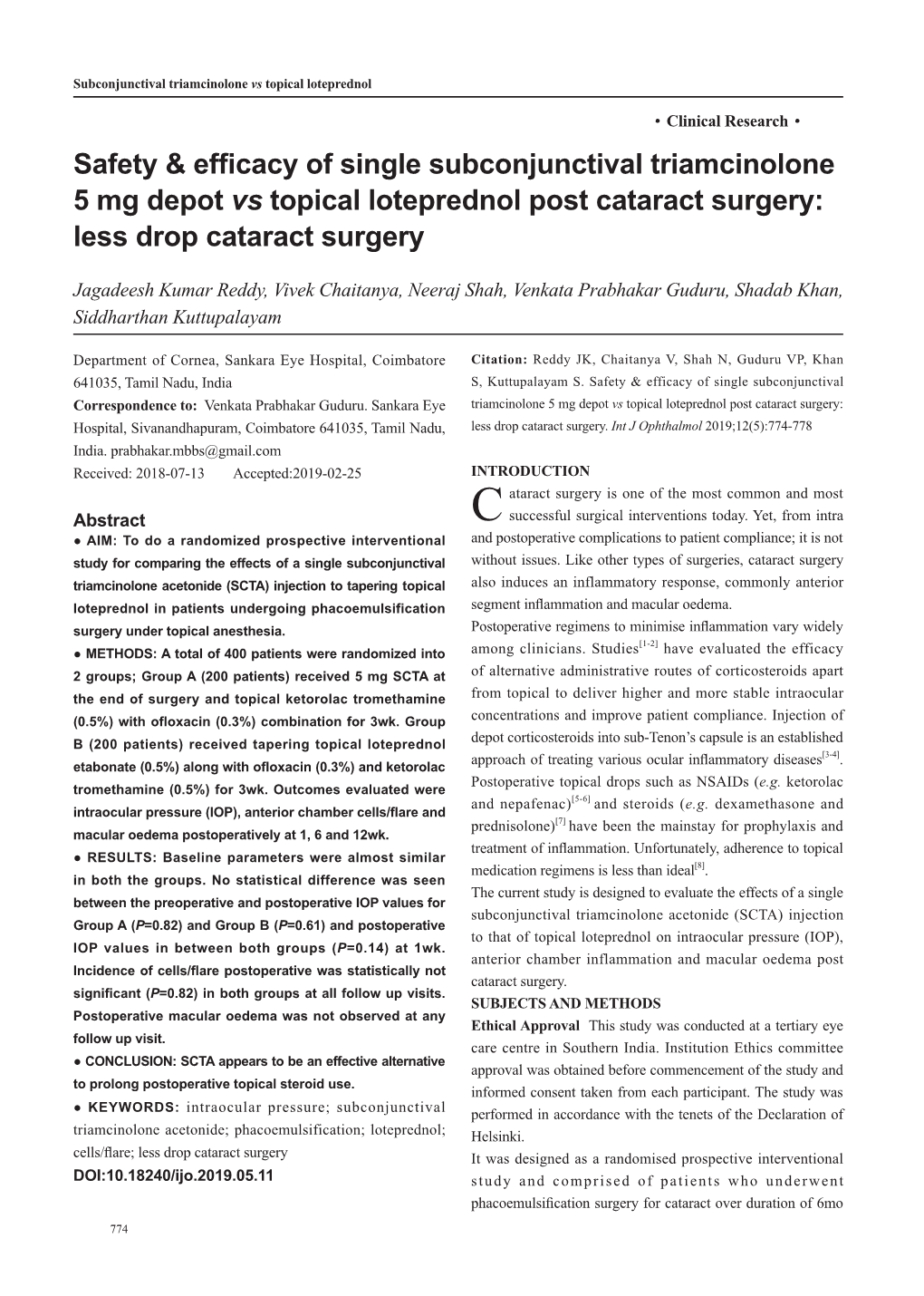 Safety & Efficacy of Single Subconjunctival