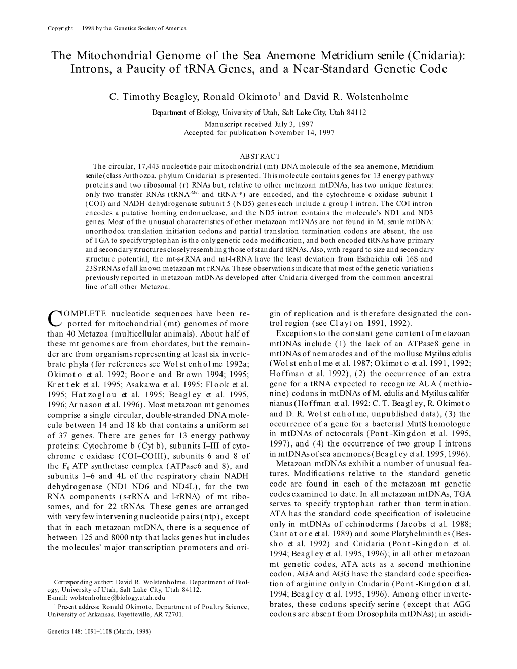 (Cnidaria): Introns, a Paucity of Trna Genes, and a Near-Standard Genetic Code