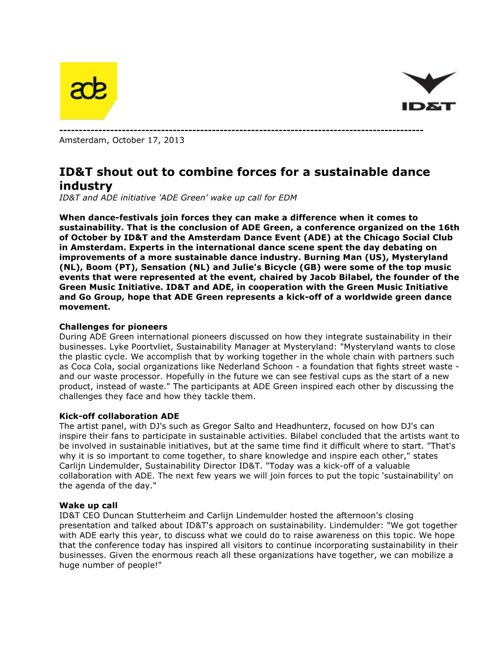 ID&T Shout out to Combine Forces for a Sustainable Dance Industry