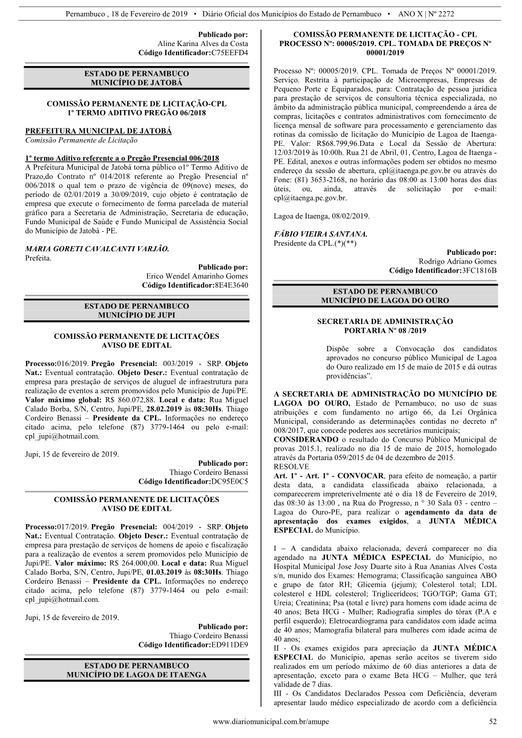 Pernambuco , 18 De Fevereiro De 2019 • Diário Oficial Dos Municípios Do Estado De Pernambuco • ANO X | Nº 2272 W