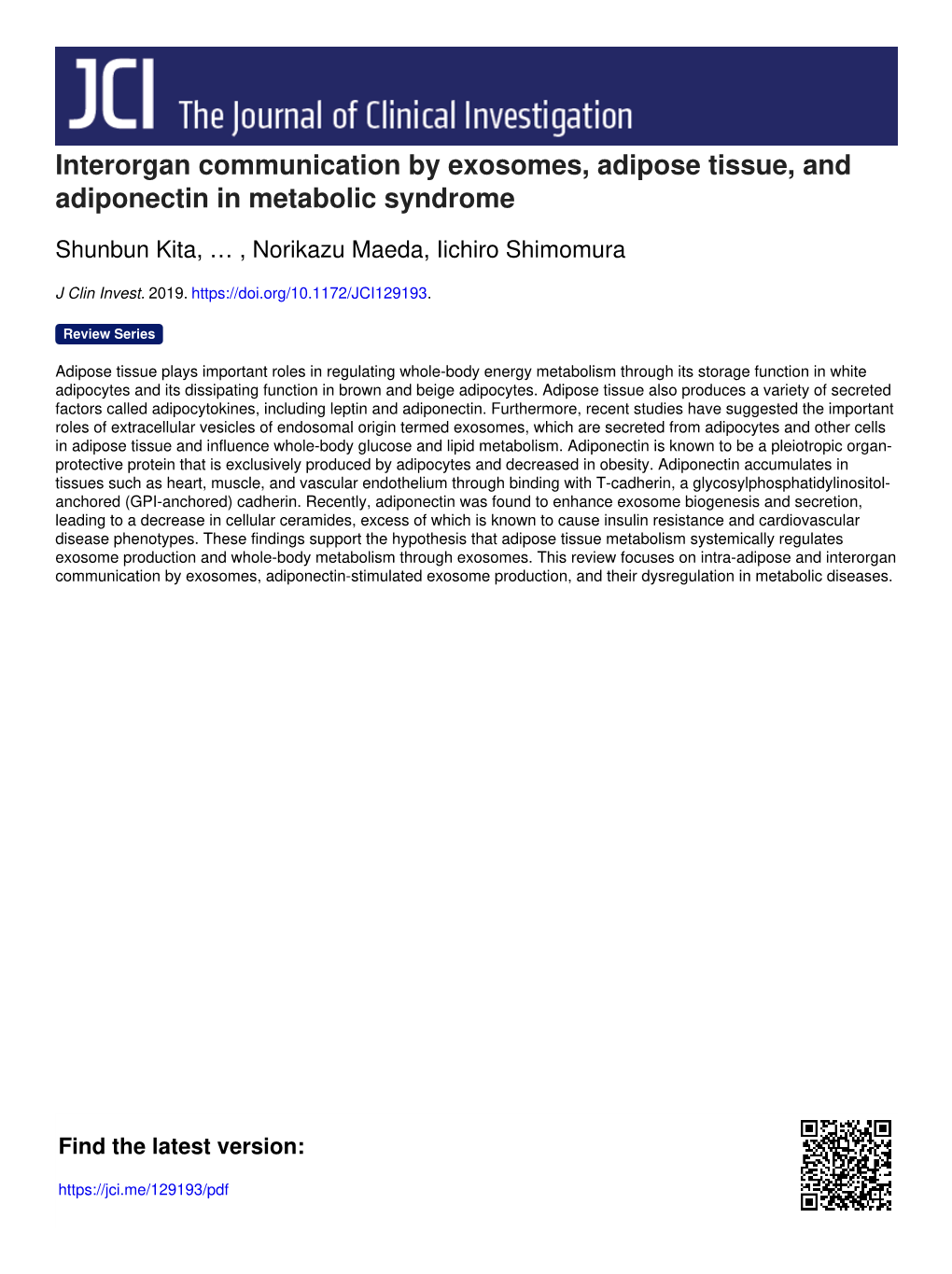 Interorgan Communication by Exosomes, Adipose Tissue, and Adiponectin in Metabolic Syndrome