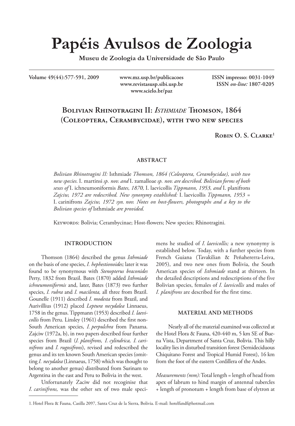 Bolivian Rhinotragini II: Isthmiade Thomson, 1864 (Coleoptera, Cerambycidae), with Two New Species