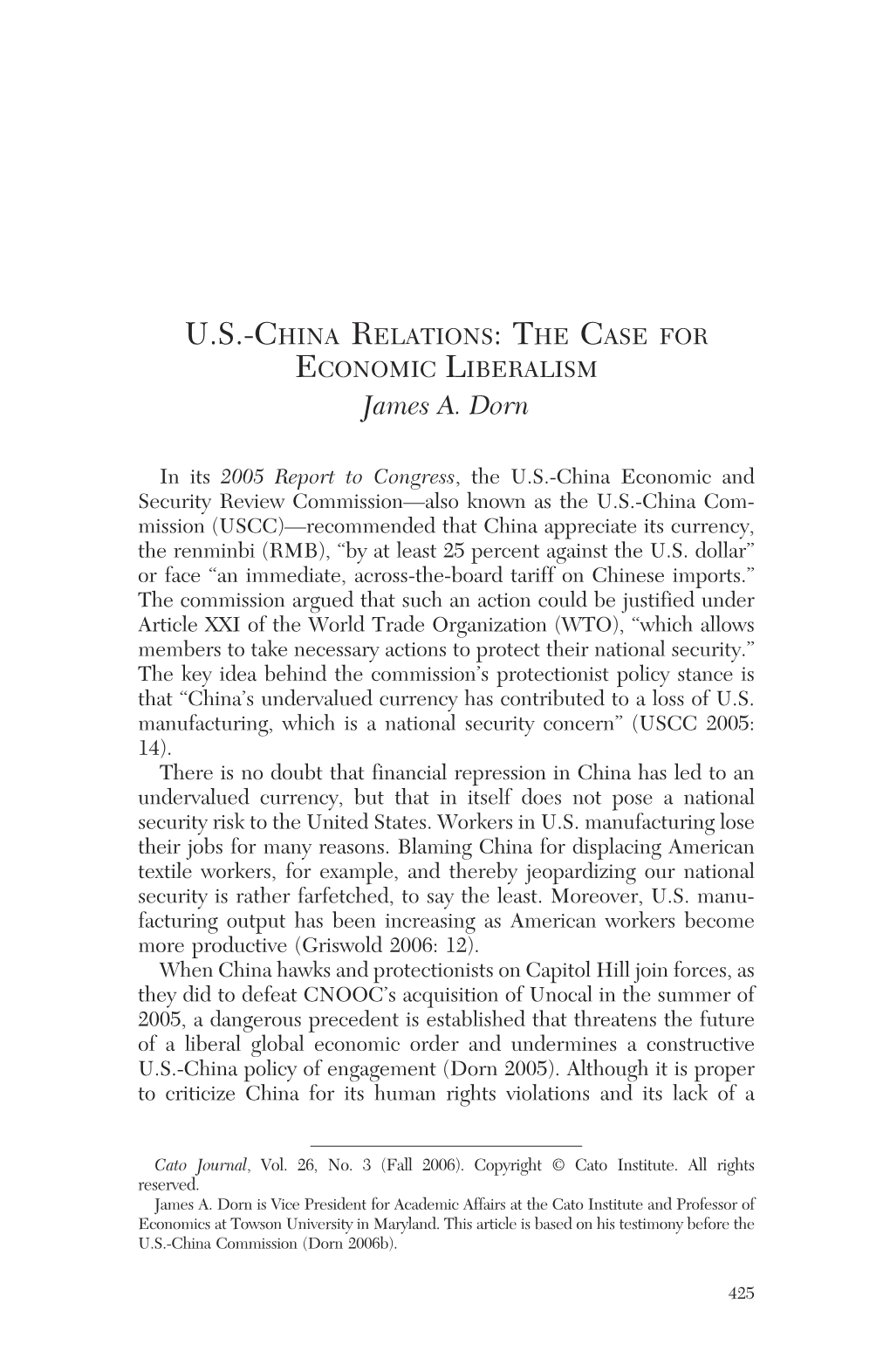 U.S.-China Relations: the Case for Economic Liberalism