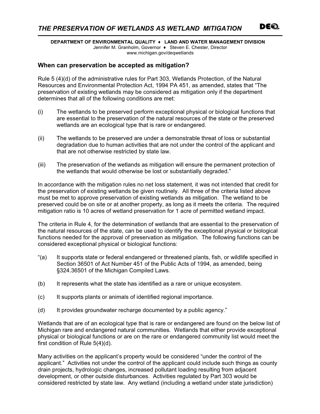 The Preservation of Wetlands As Wetland Mitigation