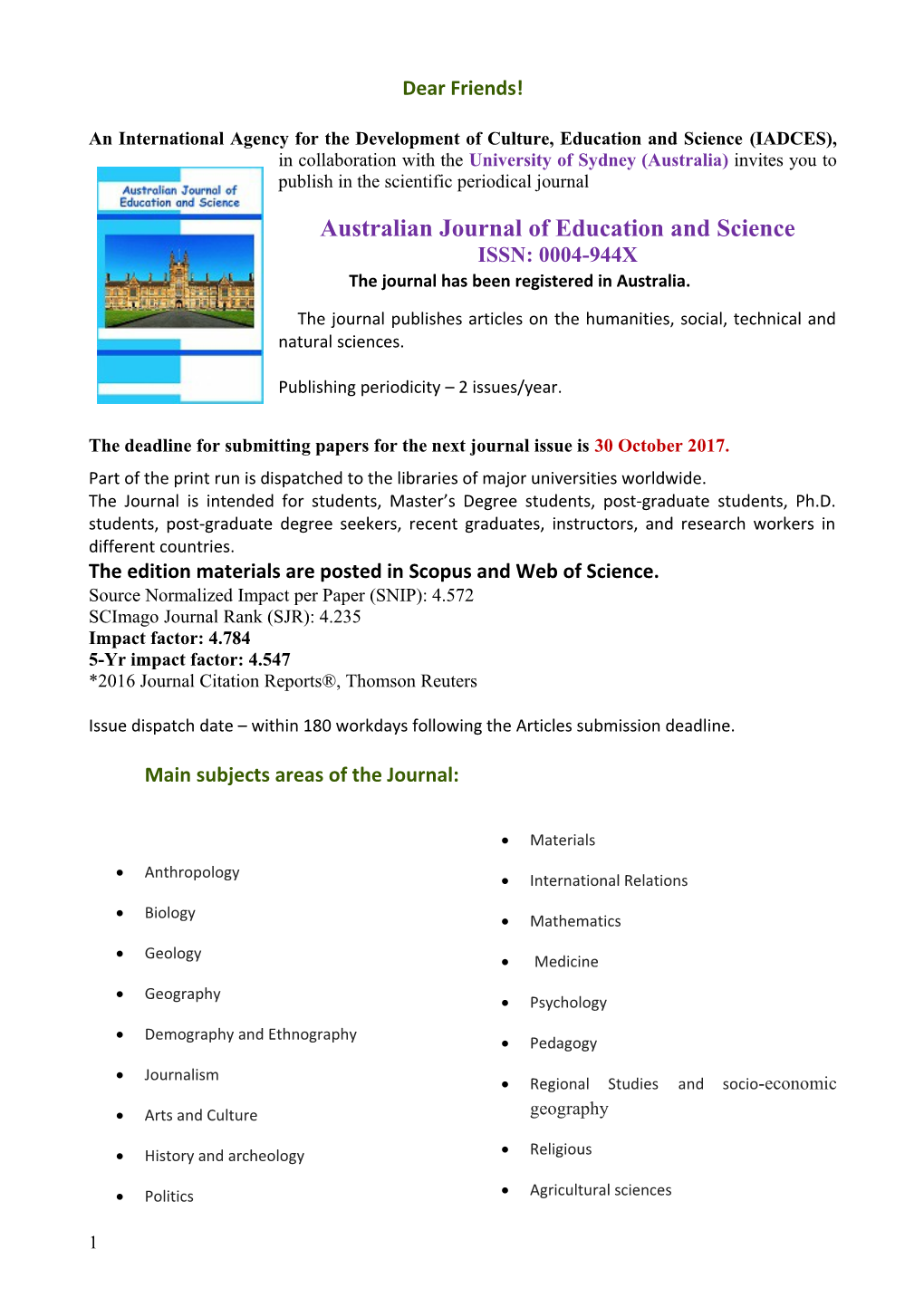 Australian Journal of Education and Science