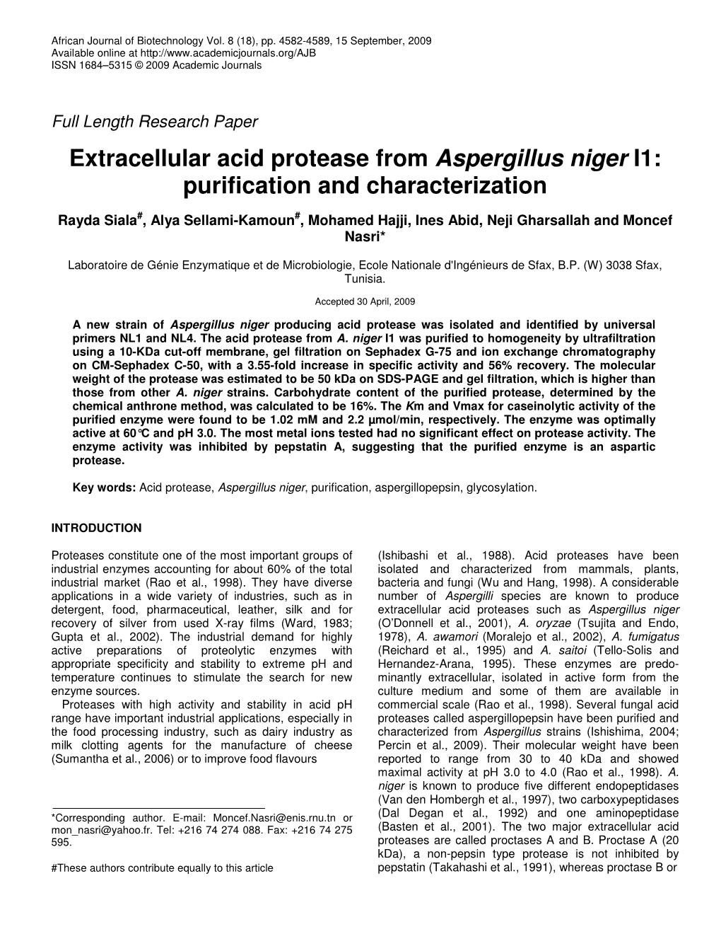 Extracellular Acid Protease from Aspergillus Niger I1: Purification and Characterization