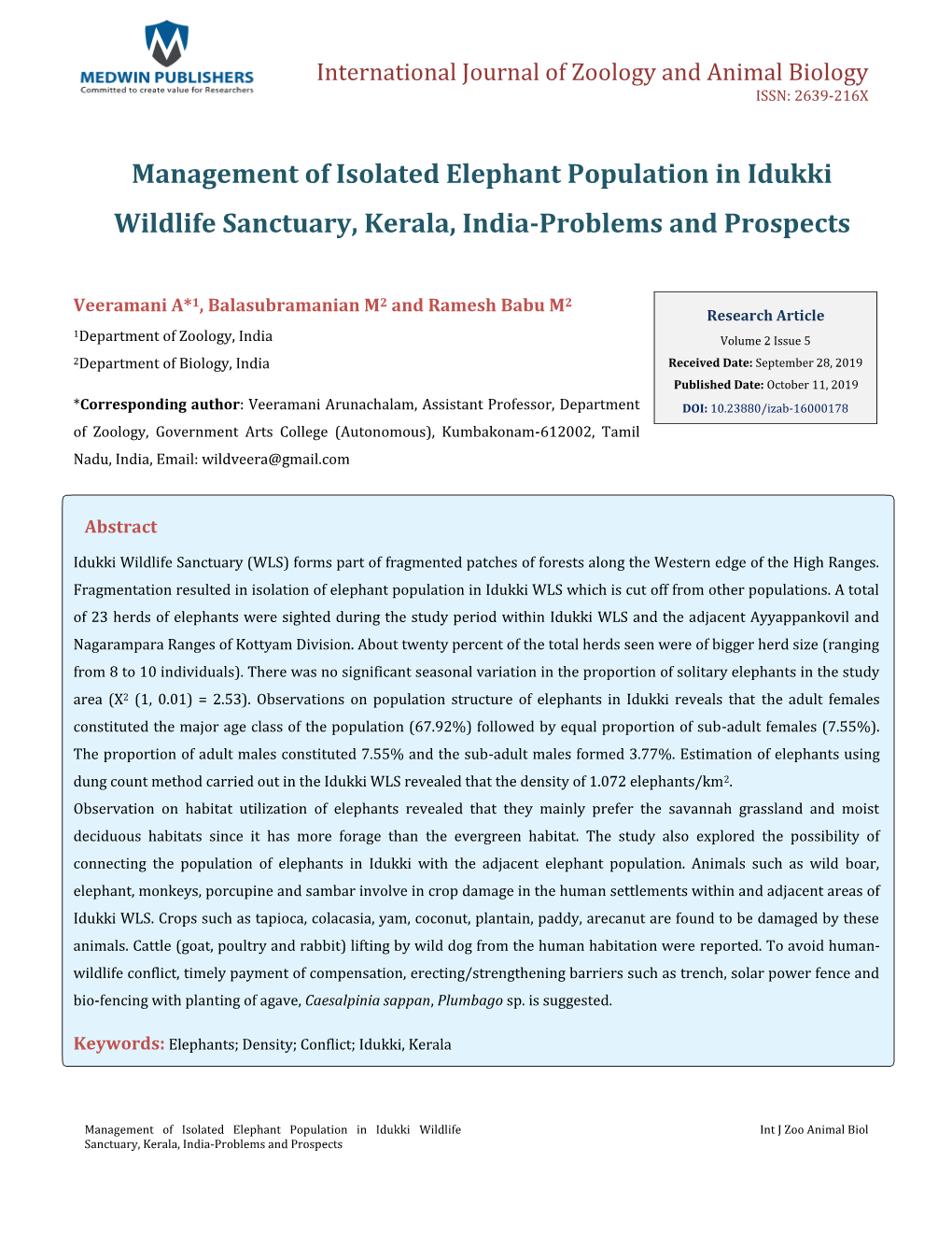 Veeramani A, Et Al. Management of Isolated Elephant Population in Copyright© Veeramani A, Et Al