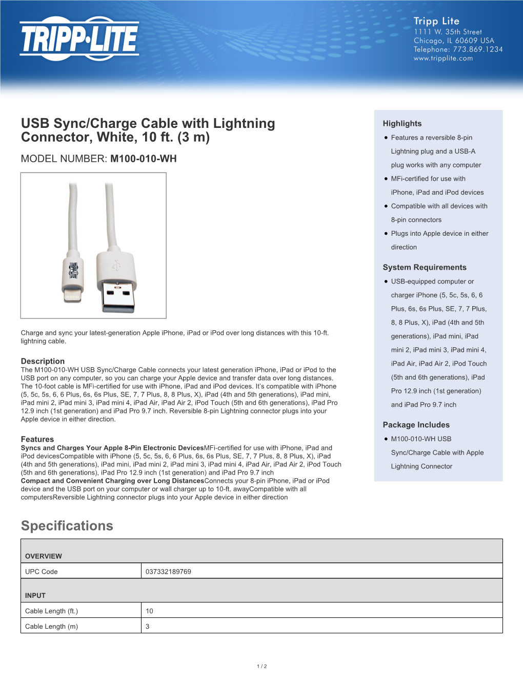 Specifications USB Sync/Charge Cable with Lightning Connector