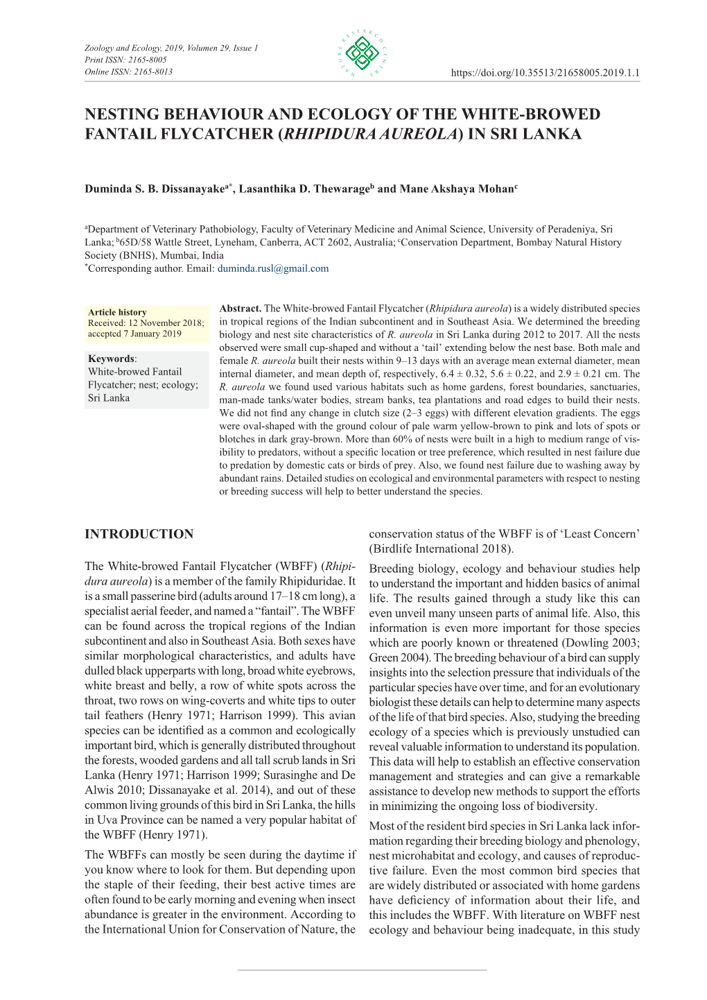 Nesting Behaviour and Ecology of the White-Browed Fantail Flycatcher (Rhipidura Aureola) in Sri Lanka