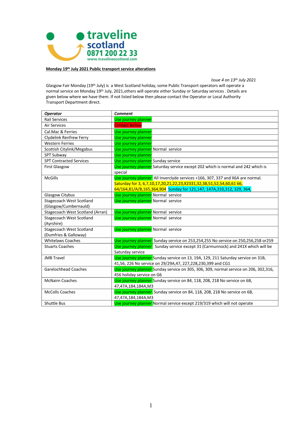 Monday 19Th July 2021 Public Transport Service Alterations