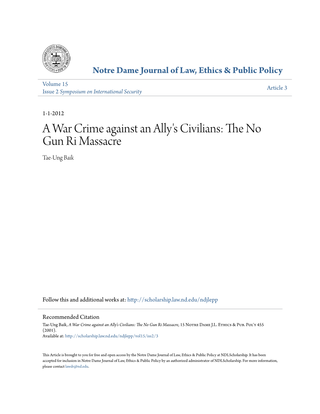 A War Crime Against an Ally's Civilians: the No Gun Ri Massacre, 15 Notre Dame J.L