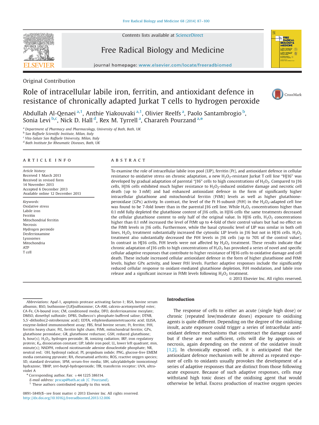 Role of Intracellular Labile Iron, Ferritin, and Antioxidant Defence in Resistance of Chronically Adapted Jurkat T Cells to Hydrogen Peroxide