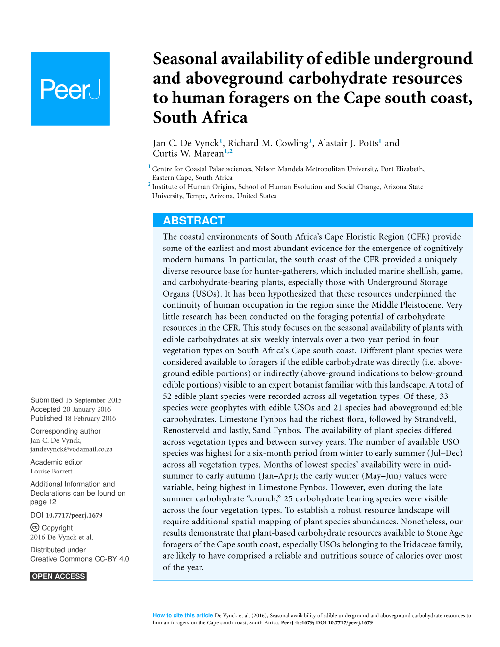 Seasonal Availability of Edible Underground and Aboveground Carbohydrate Resources to Human Foragers on the Cape South Coast, South Africa