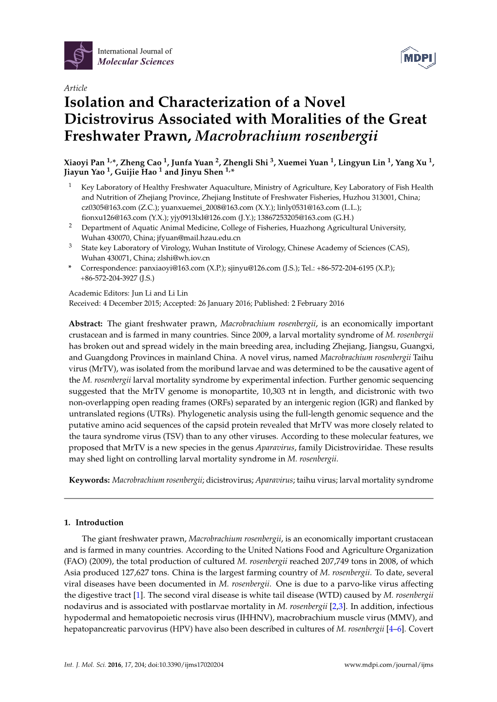 Isolation and Characterization of a Novel Dicistrovirus Associated with Moralities of the Great Freshwater Prawn, Macrobrachium Rosenbergii