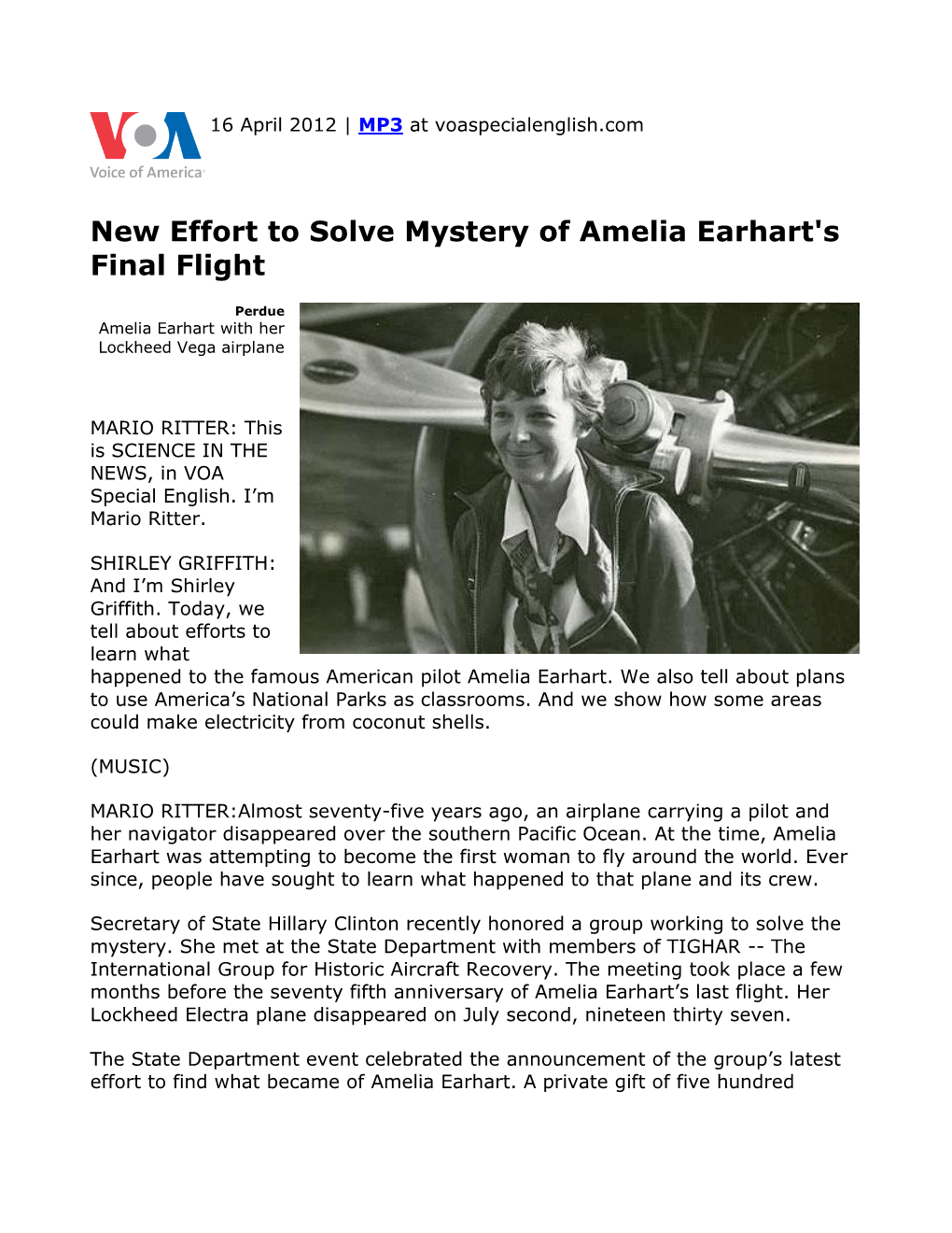 New Effort to Solve Mystery of Amelia Earhart's Final Flight