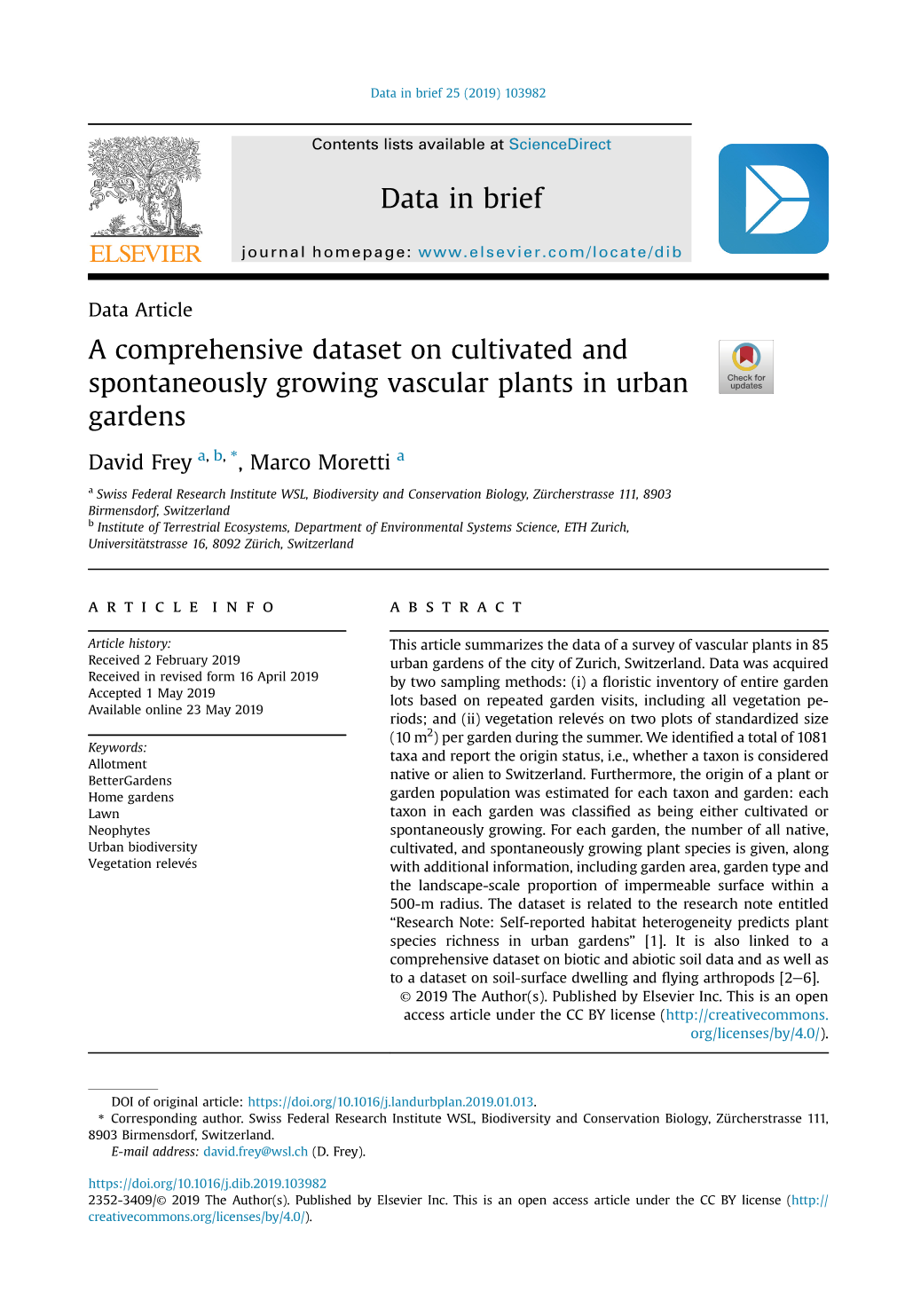 A Comprehensive Dataset on Cultivated and Spontaneously Growing Vascular Plants in Urban Gardens