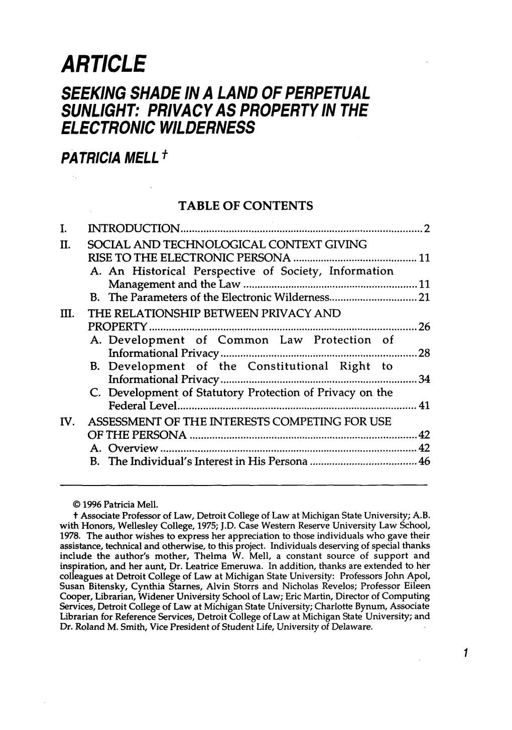 Privacy As Property in the Electronic Wilderness Patricia Mell