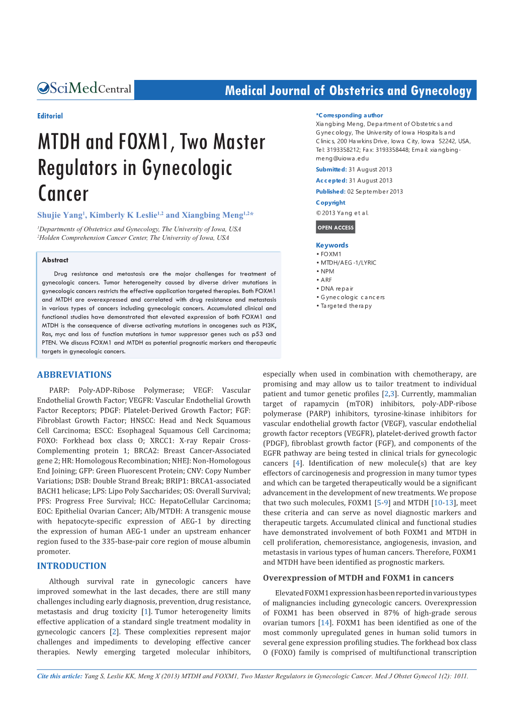 MTDH and FOXM1, Two Master Regulators in Gynecologic Cancer