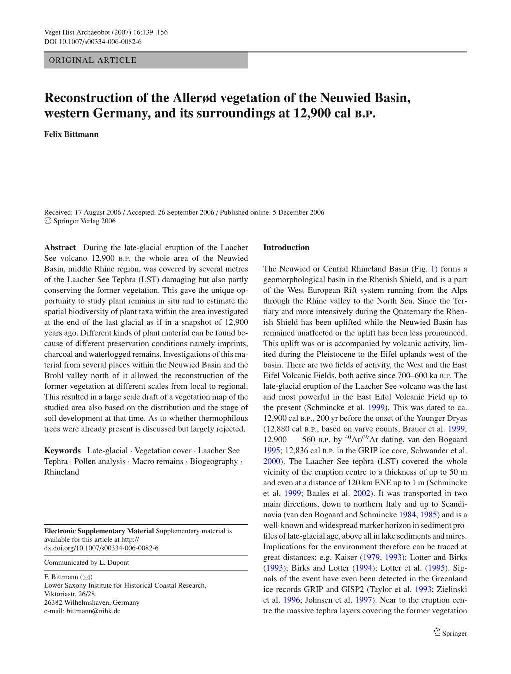 Reconstruction of the Allerød Vegetation of the Neuwied Basin, Western Germany, and Its Surroundings at 12,900 Cal B.P