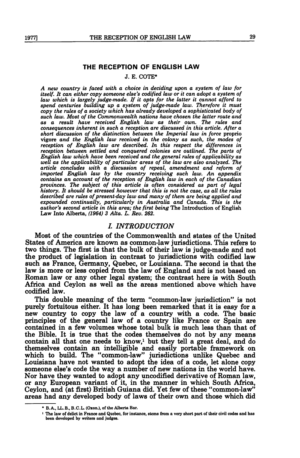 L INTRODUCTION Most of the Countries of the Commonwealth and States of the United States of America Are Known As Common-Law Jurisdictions