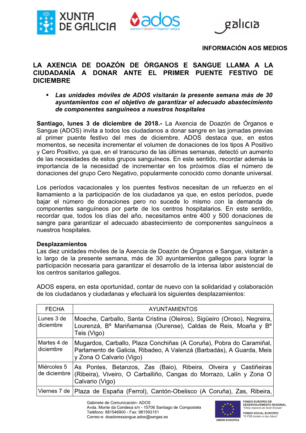 La Axencia De Doazón De Órganos E Sangue Llama a La Ciudadanía a Donar Ante El Primer Puente Festivo De Diciembre