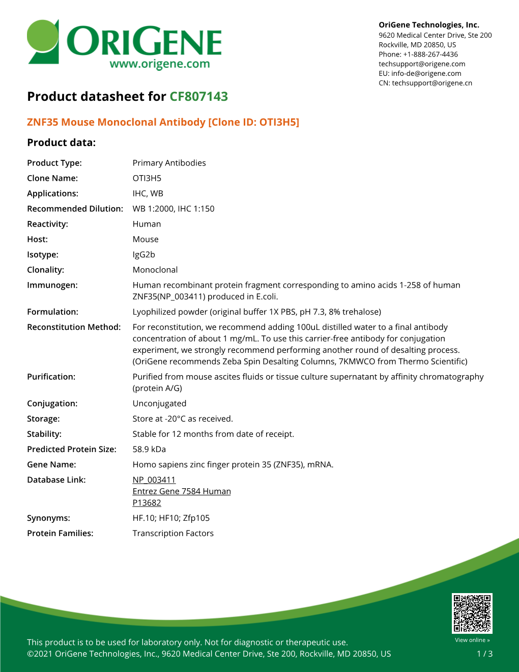 ZNF35 Mouse Monoclonal Antibody [Clone ID: OTI3H5] Product Data