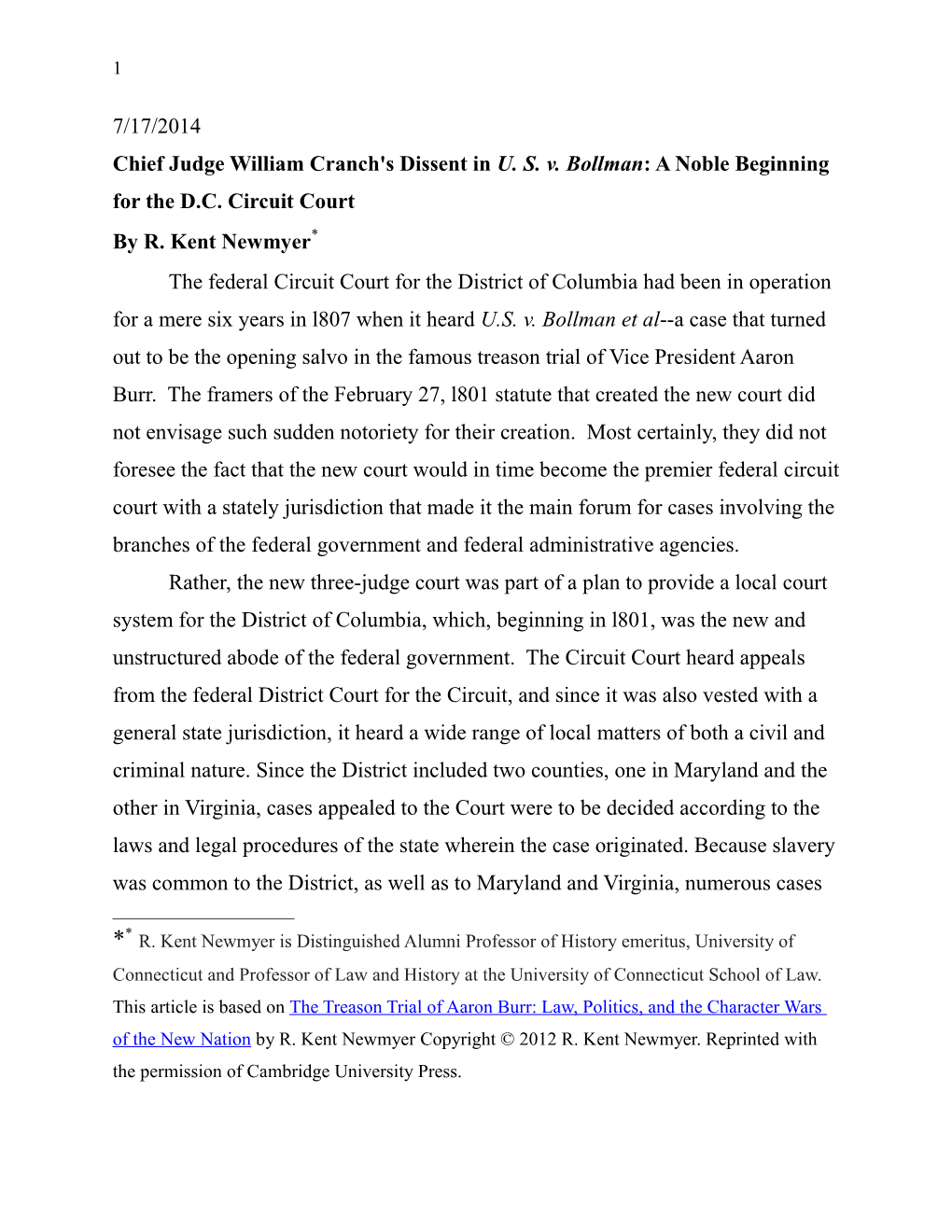 7/17/2014 Chief Judge William Cranch's Dissent in US V. Bollman
