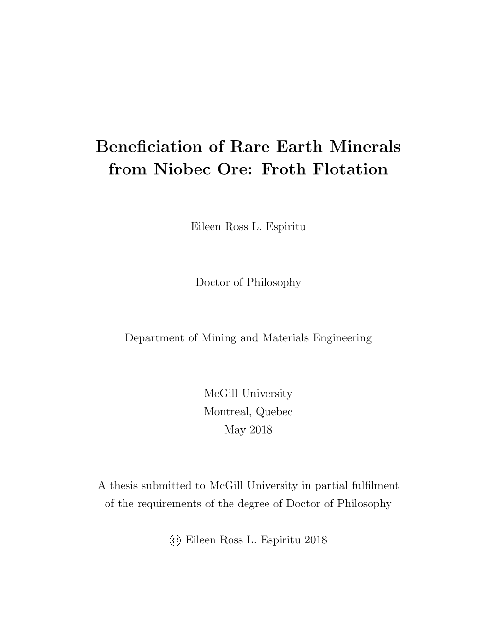 Beneficiation of Rare Earth Minerals from Niobec Ore: Froth Flotation