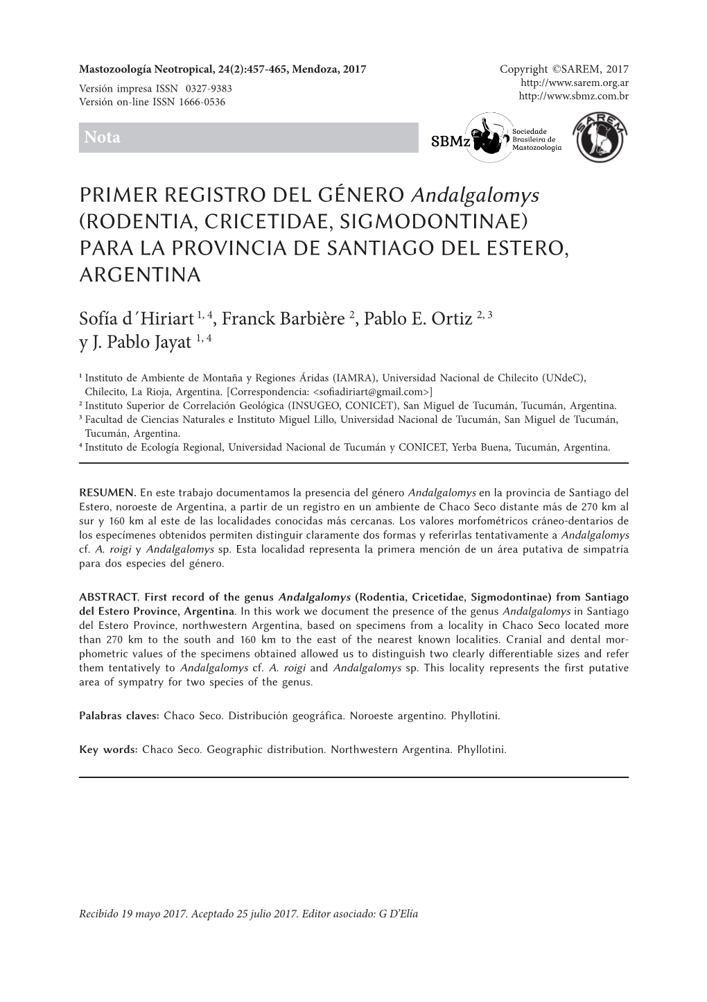 Rodentia, Cricetidae, Sigmodontinae) Para La Provincia De Santiago Del Estero, Argentina