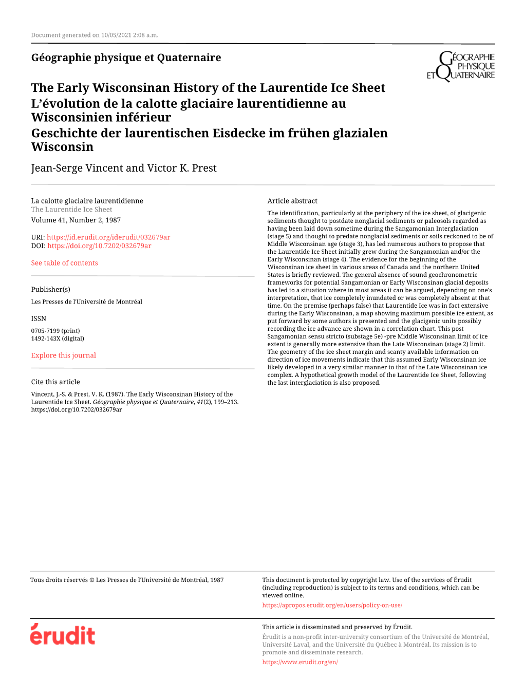 The Early Wisconsinan History of the Laurentide Ice Sheet