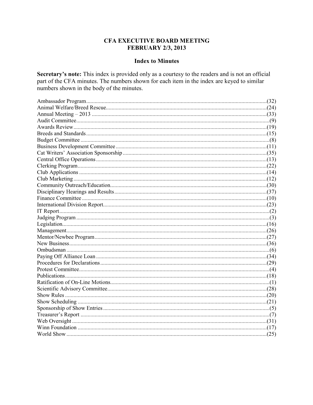 CFA EXECUTIVE BOARD MEETING FEBRUARY 2/3, 2013 Index To