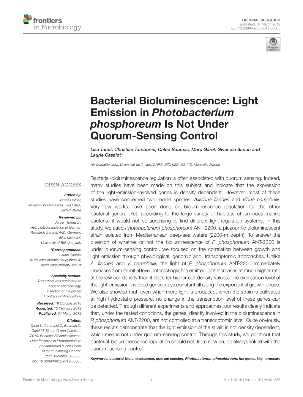 Bacterial Bioluminescence: Light Emission in Photobacterium Phosphoreum Is Not Under Quorum-Sensing Control