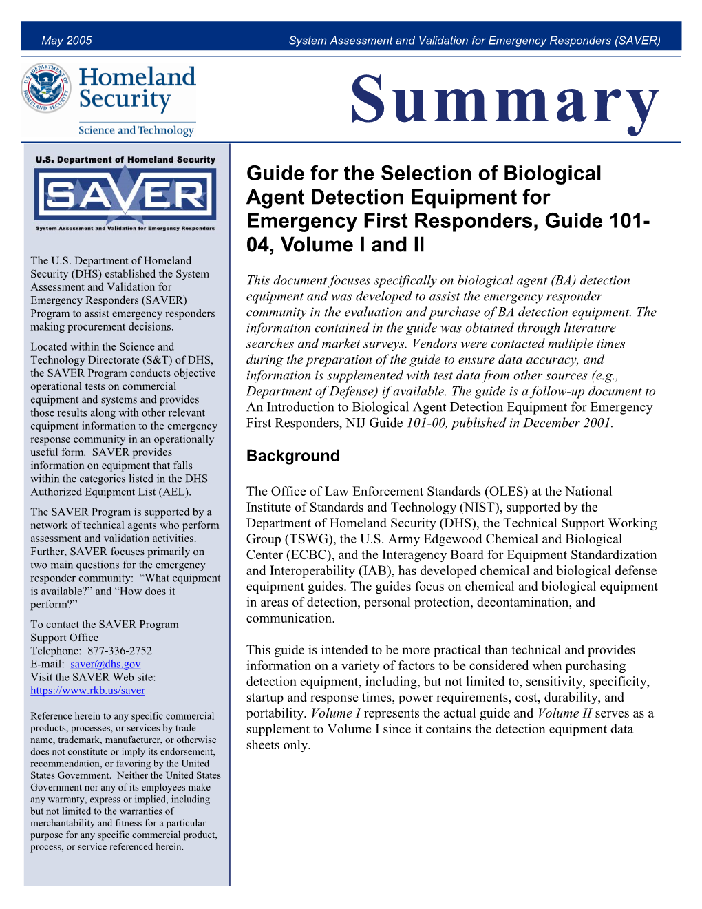 Selection of Biological Agent Detection Equipment for Emergency First Responders Summary