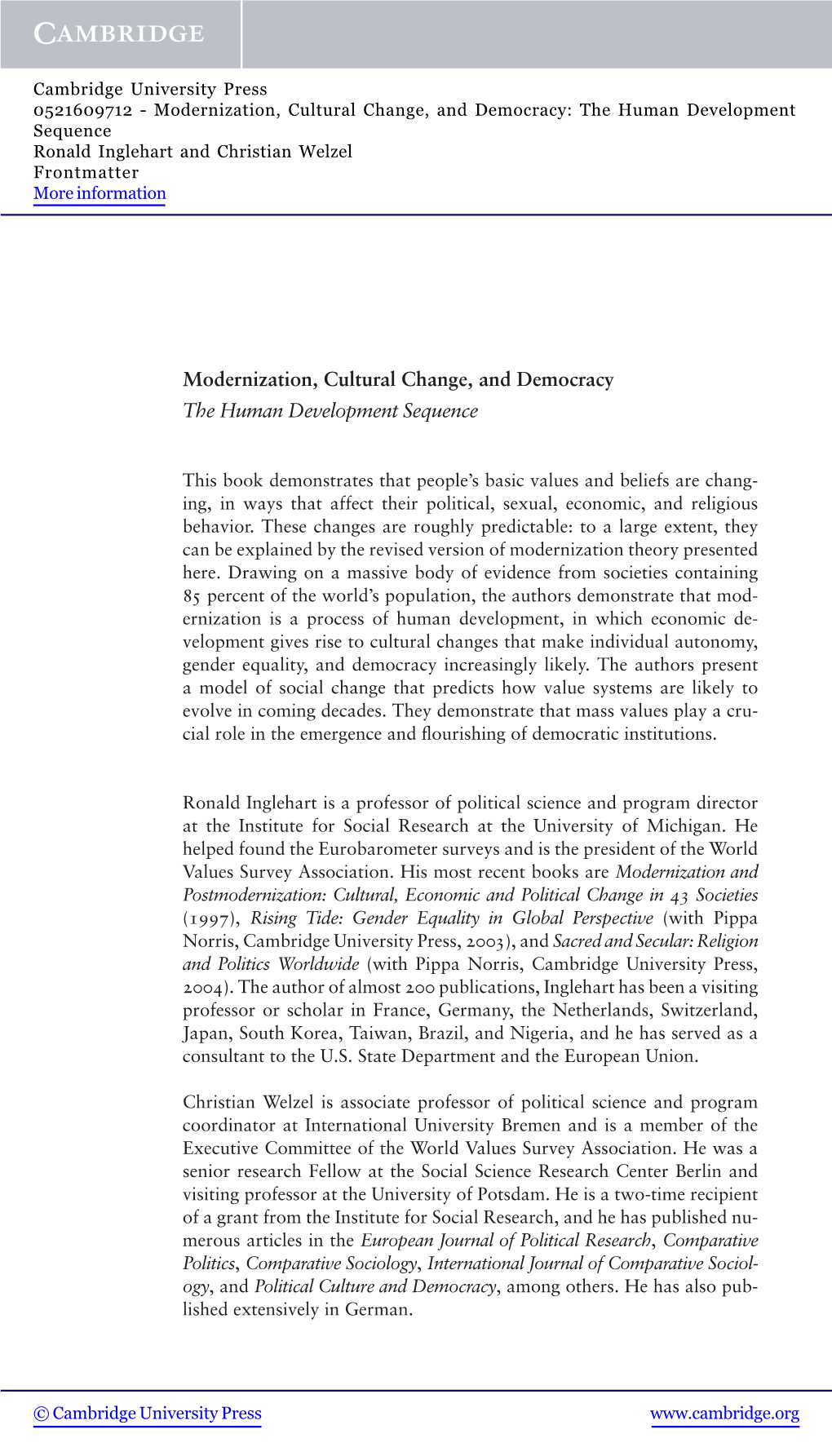 Modernization, Cultural Change, and Democracy the Human Development Sequence