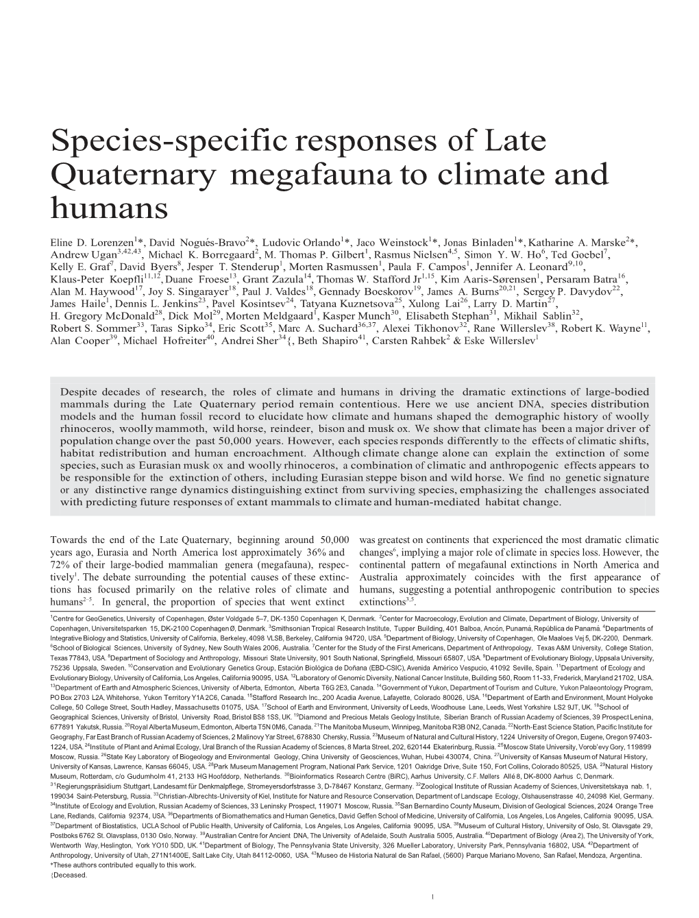 Species-Specific Responses of Late Quaternary Megafauna to Climate and Humans