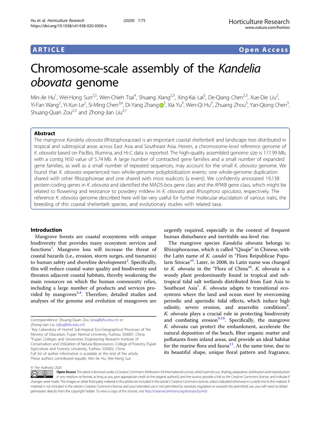 Chromosome-Scale Assembly of the Kandelia Obovata Genome
