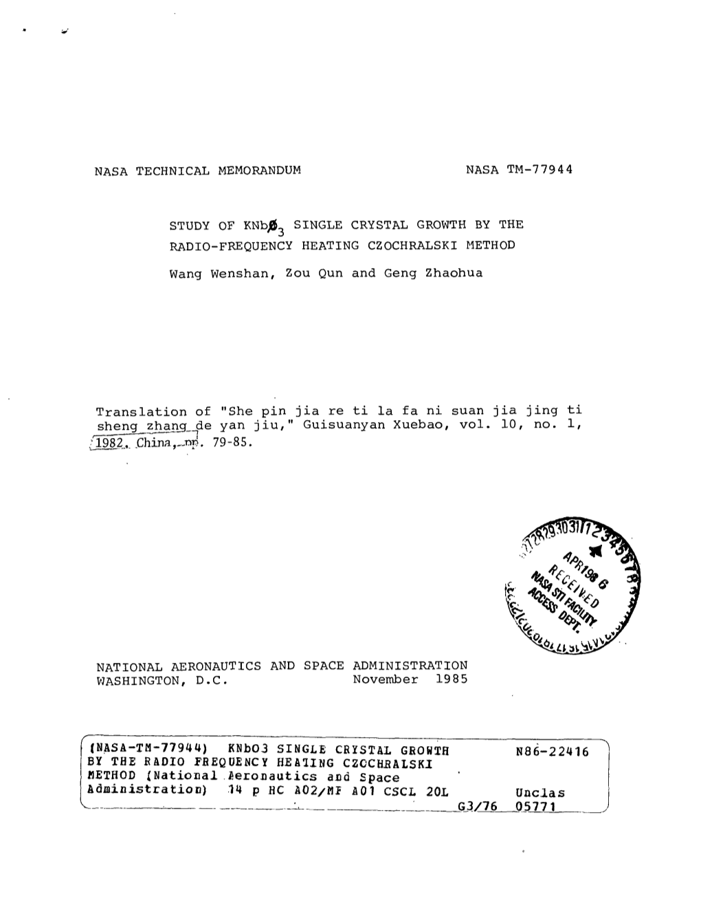 Nasa Technical Memorandum Nasa Tm-77944 Study Of