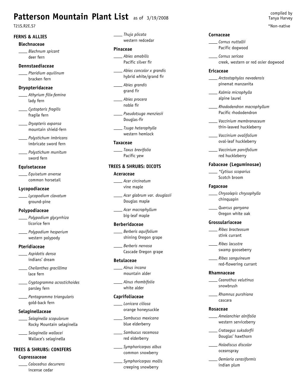 Plant List As of 3/19/2008 Tanya Harvey T21S.R2E.S7 *Non-Native