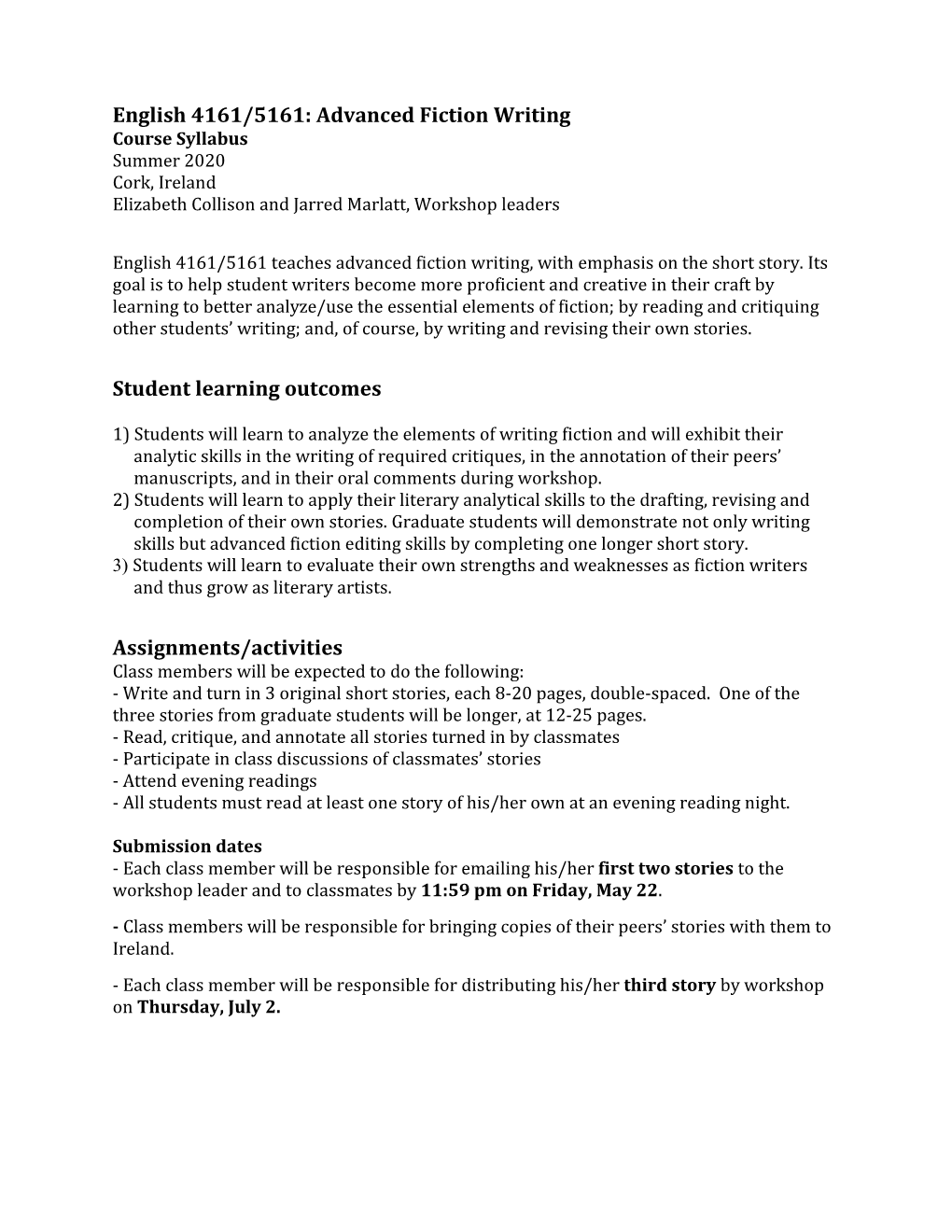 Advanced Fiction Writing Student Learning Outcomes Assignments